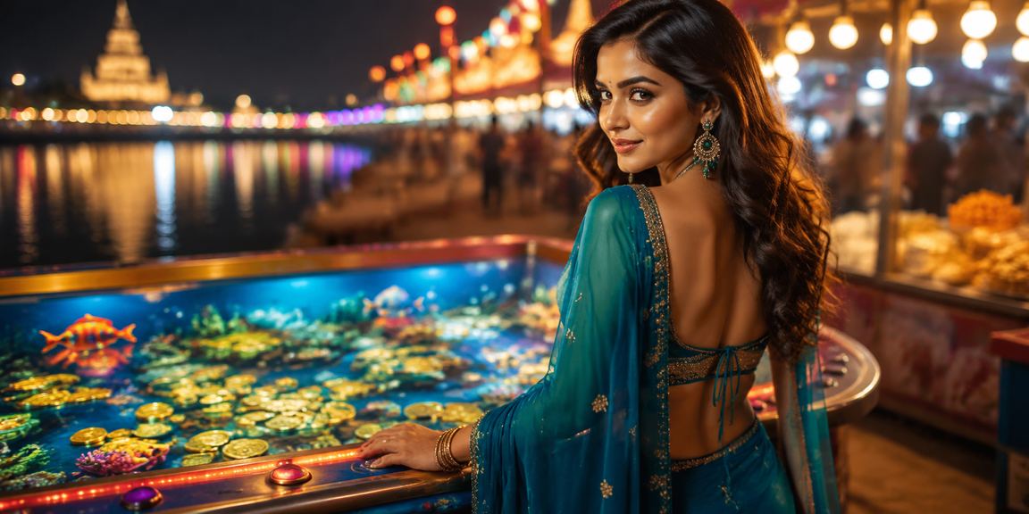 Indian woman playing fishing game wearing saree
